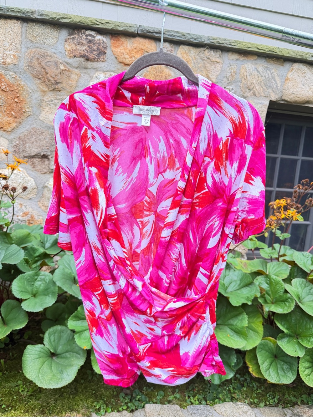 dressbarn Fuchsia and White Abstract Wrap-Front Blouse